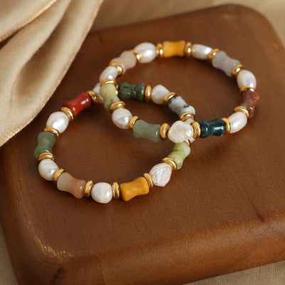 Elegant Vintage Multicolor Natural Stone Freshwater Pearl 18k Gold Plated Beaded Bracelet