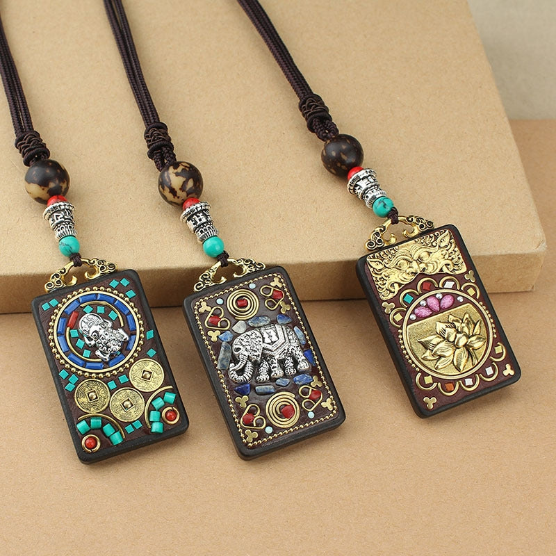 Ethnic Square Alloy Wood Pendant Necklace with Nepalese Thangka Design