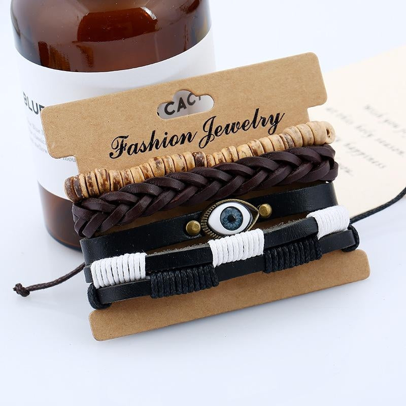 European American Retro Woven Cowhide Eye Leather Bracelet Set for Men