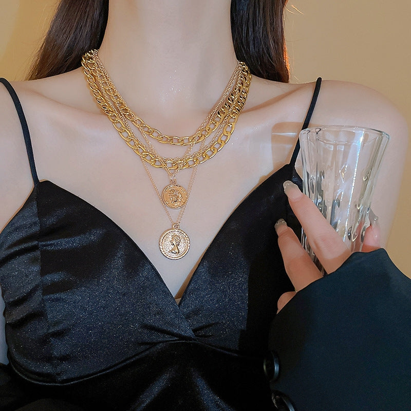 Exaggerated Geometric Alloy Coin Pendant Layered Necklace
