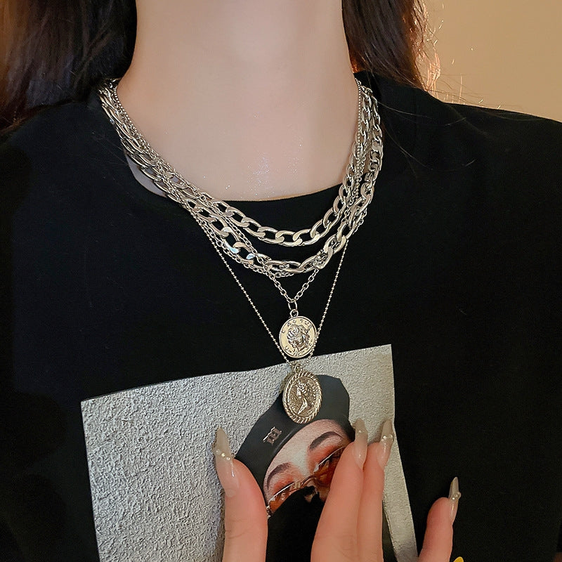 Exaggerated Geometric Alloy Coin Pendant Layered Necklace