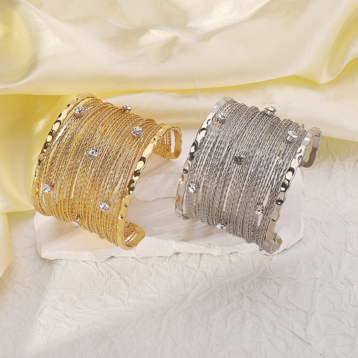Exaggerated Geometric Rhinestone Multi-Layered Iron Bangle Bracelet