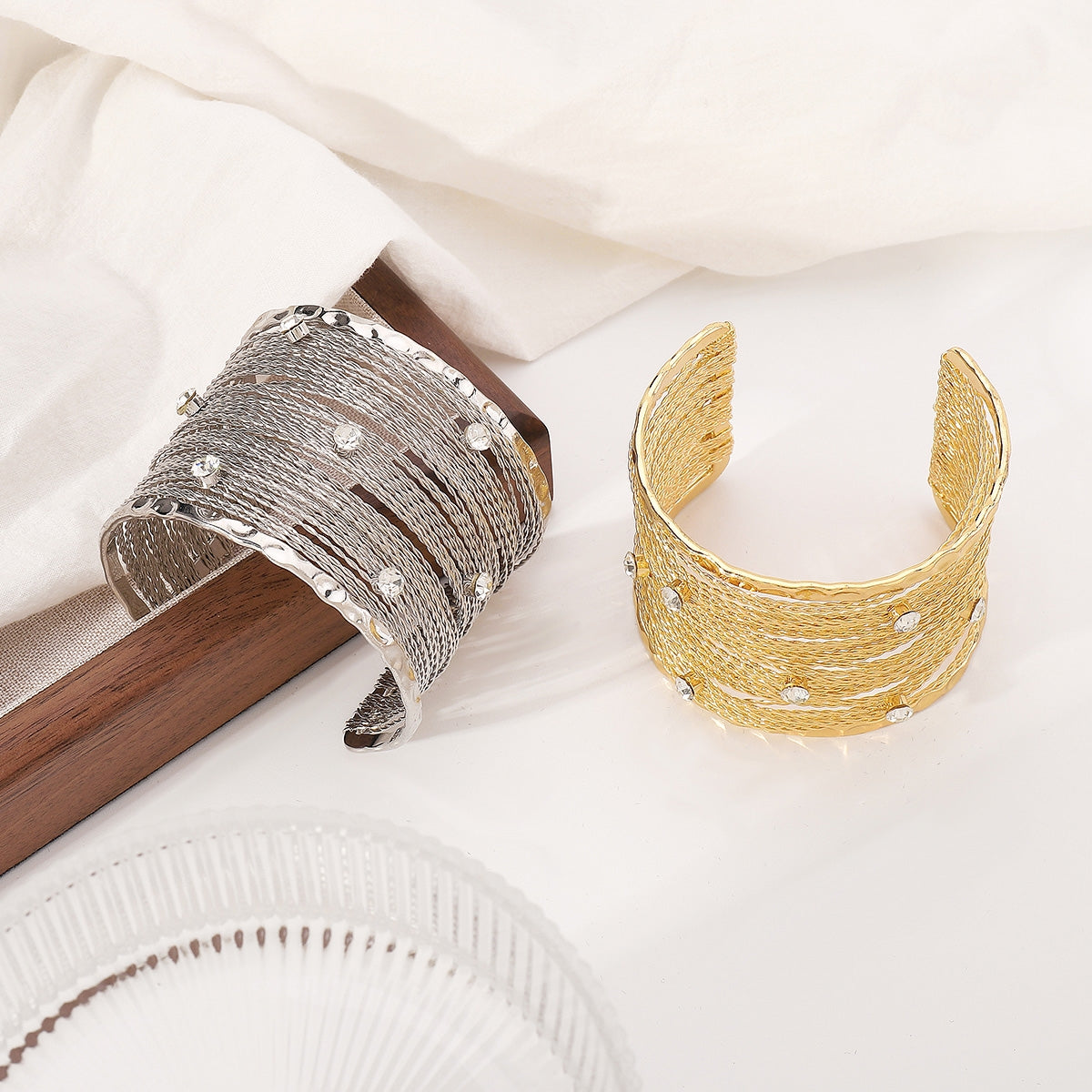 Exaggerated Geometric Rhinestone Multi-Layered Iron Bangle Bracelet