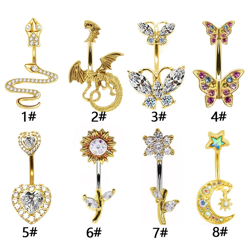 Exaggerated Punk Heart Snake Dragon Zircon Inlay Stainless Steel Belly Ring