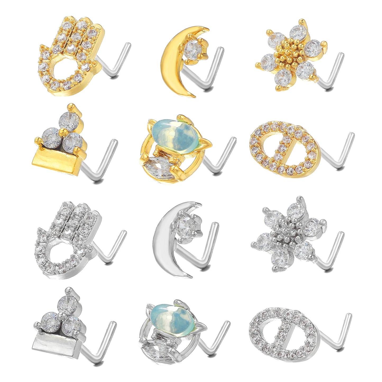 Fashion Animal Palm Brass Inlay Zircon Nose Studs with 20g Stainless Steel L Bar Piercing Jewelry