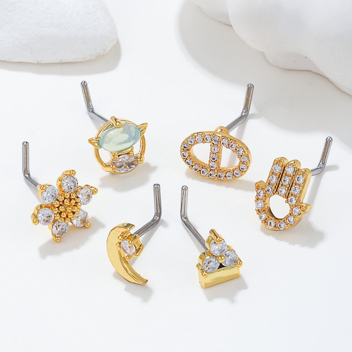 Fashion Animal Palm Brass Inlay Zircon Nose Studs with 20g Stainless Steel L Bar Piercing Jewelry