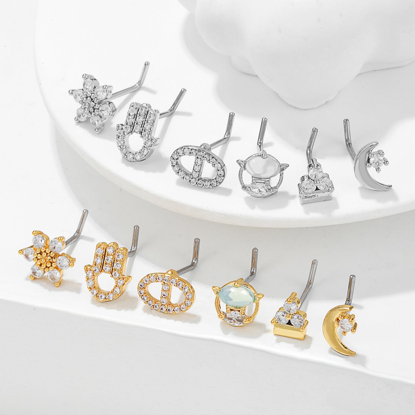Fashion Animal Palm Brass Inlay Zircon Nose Studs with 20g Stainless Steel L Bar Piercing Jewelry