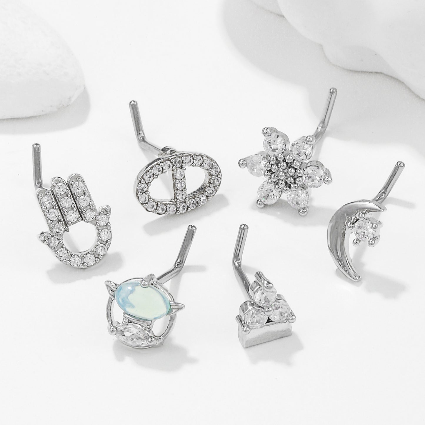 Fashion Animal Palm Brass Inlay Zircon Nose Studs with 20g Stainless Steel L Bar Piercing Jewelry