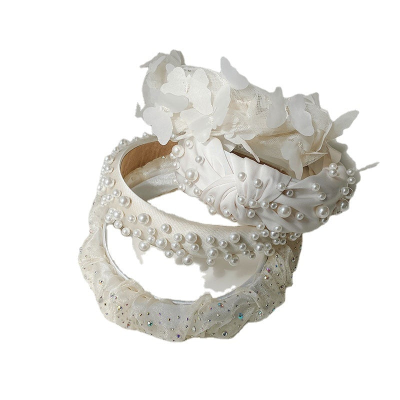 Fashion Handmade Pearl Bow Knot Wide Hairband