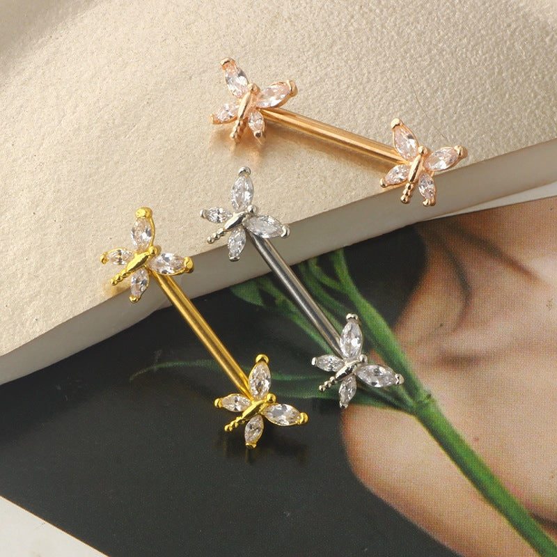 Dragonfly Zircon Stainless Steel Nipple Ring 14G 16mm