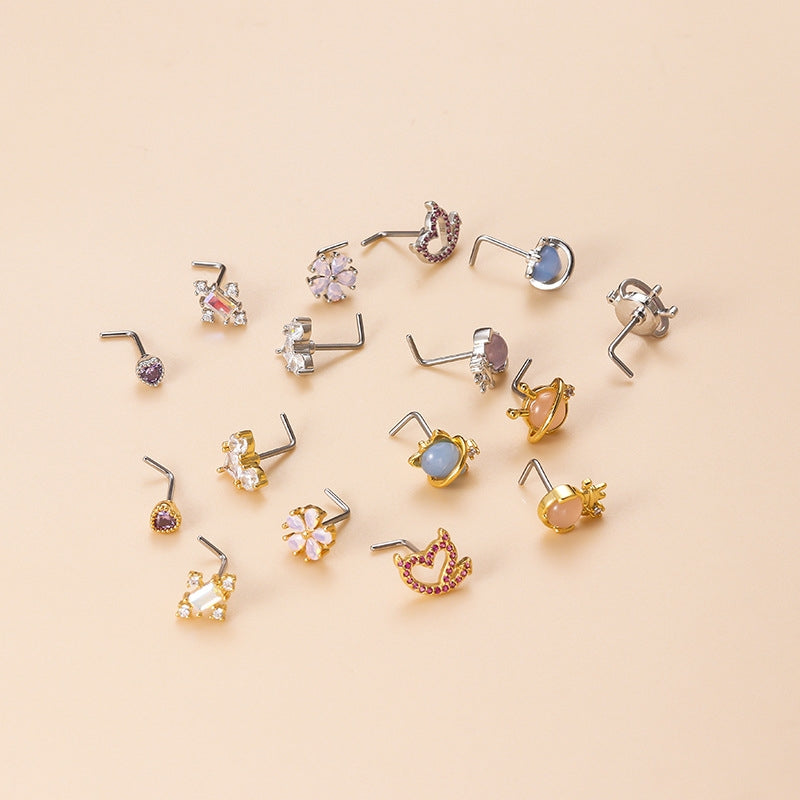 Fashion Flower Heart Geometric Zircon Stainless Steel Nose Stud