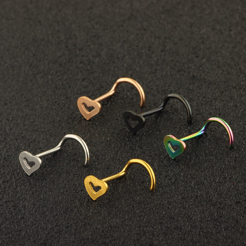 Fashion Heart Shaped Stainless Steel Nose Stud Set - 5 Colors