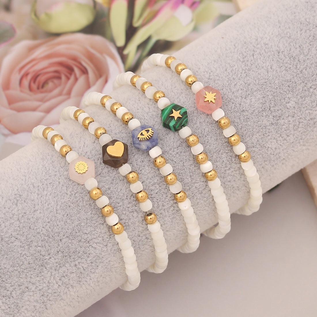 Hexagon Heart Natural Stone Beaded Stainless Steel Bracelet