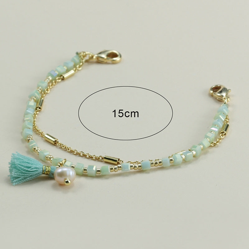 Gold Stainless Steel Rhinestone Beaded Double Layer Bracelet - 15cm Girls Fashion Jewelry