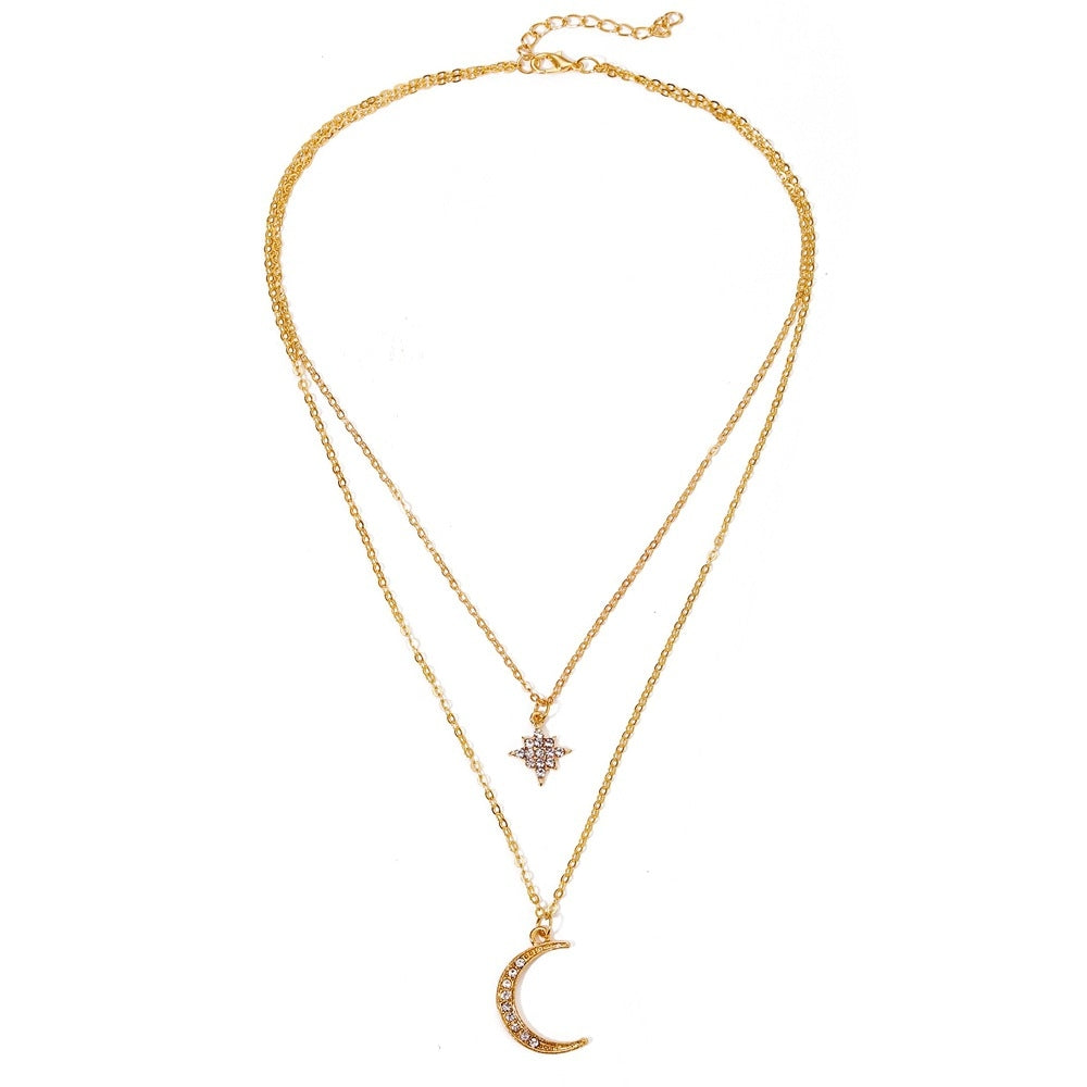 Fashion Rhinestone Moon Star Pendant Layered Alloy Necklace