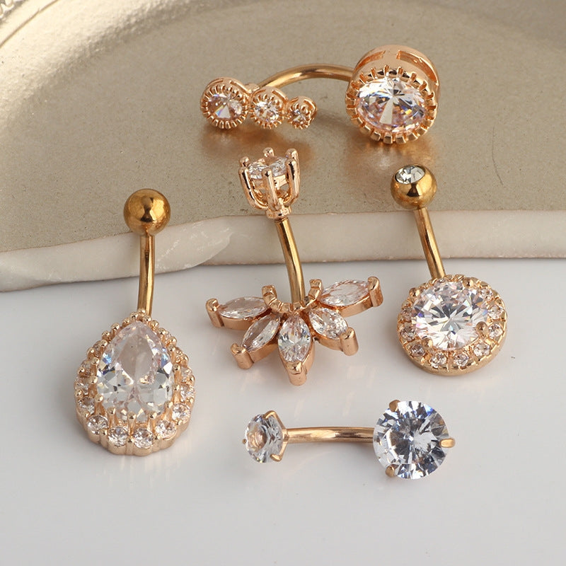 Fashion Water Droplets Zircon Inlay Stainless Steel Belly Ring Set - 5 Pieces