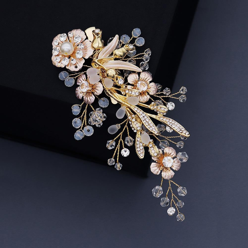 Frosted Crystal Pearl Edge Vintage Golden Flower Hair Clip for Brides