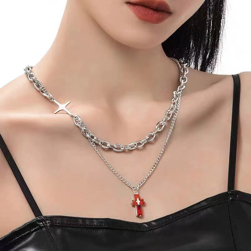 Hip-Hop Double Layer Cross Titanium Steel Pendant Necklace