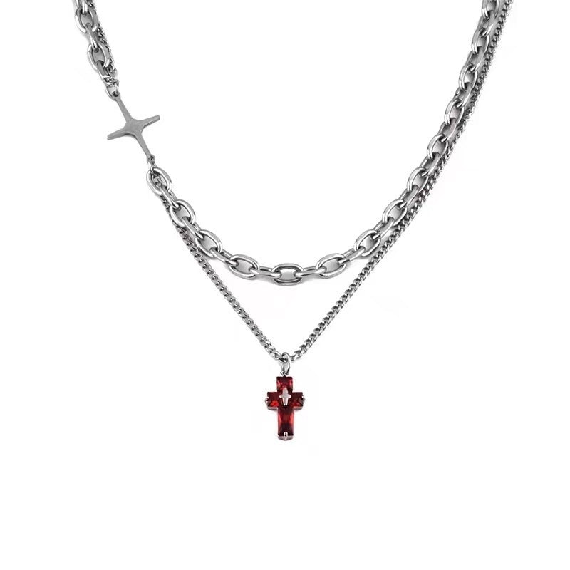 Hip-Hop Double Layer Cross Titanium Steel Pendant Necklace