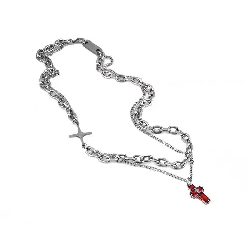 Hip-Hop Double Layer Cross Titanium Steel Pendant Necklace
