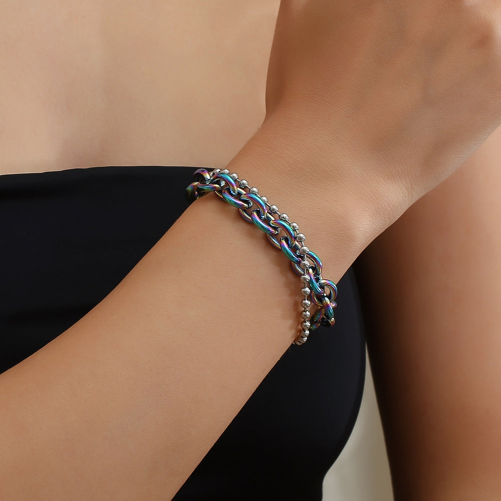 18K Gold Plated Stainless Steel Double Layer Chain Bracelet for Men and Women