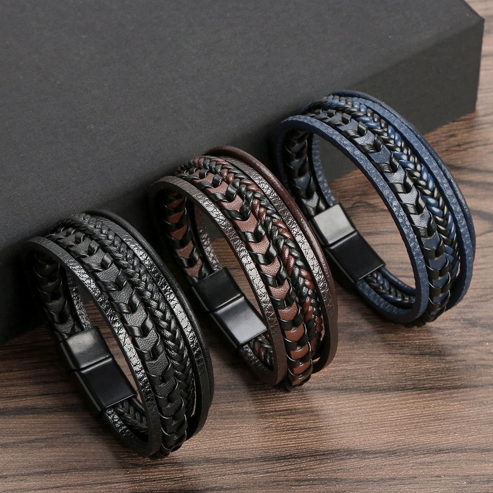 Hip-Hop Braided PU Leather Alloy Magnetic Clasp Men's Bracelet