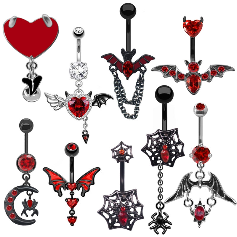 Heart Shape Bat Wings Belly Ring with Rhinestones and Zircon in Stainless Steel and Copper Plating