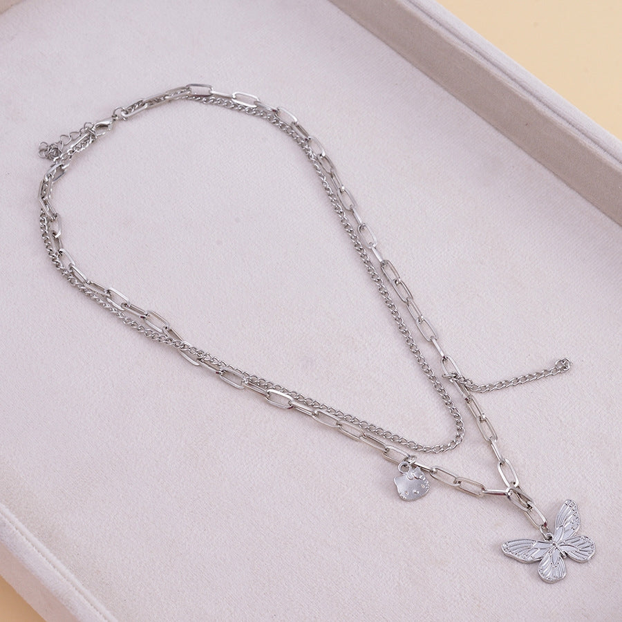 Hip-hop Butterfly Cat Pendant Double Layer Necklace for Women