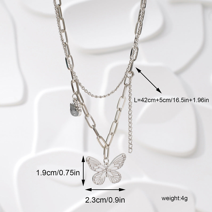 Hip-hop Butterfly Cat Pendant Double Layer Necklace for Women