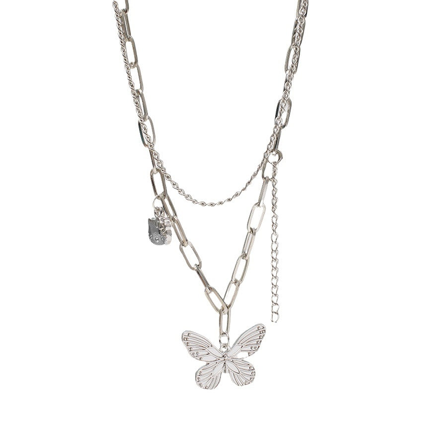 Hip-hop Butterfly Cat Pendant Double Layer Necklace for Women