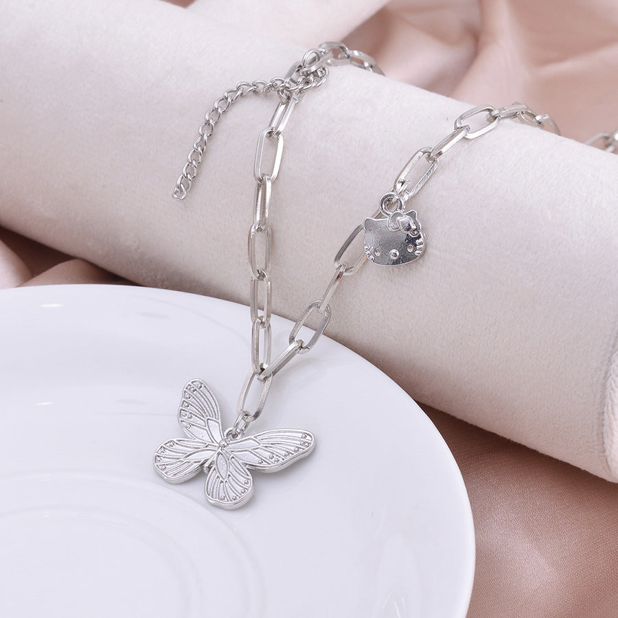 Hip-hop Butterfly Cat Pendant Double Layer Necklace for Women