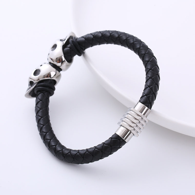 Men's Skull Stainless Steel Leather Bracelet - Woven Titanium Steel Design