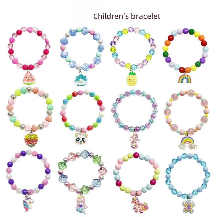 Cartoon Children's Candy Color Beaded Bracelet with Resin Mermaid and Unicorn Pendant