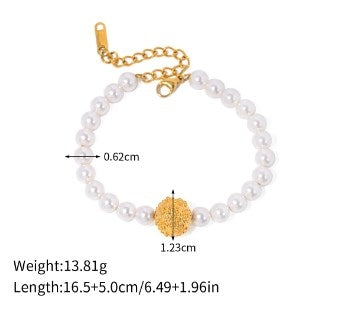 IG Style 18K Gold Hammer Embossed Flower Ball Pearl Stainless Steel Bracelet