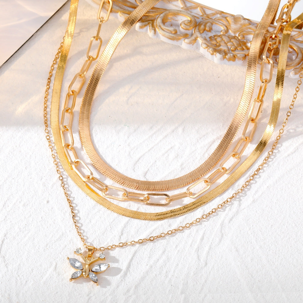 Elegant Butterfly Rhinestone Layered Necklace for Women