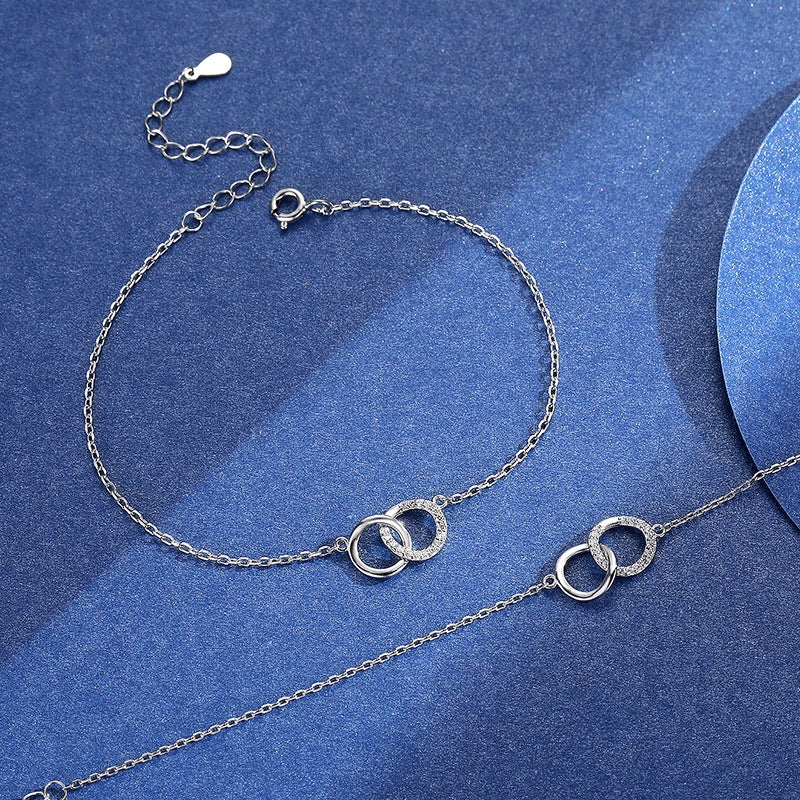 Sterling Silver Zircon Inlay Double-Ring Circle Couple Bracelets