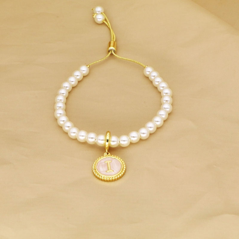 18K Gold Plated Adjustable Letter Pendant Imitation Pearl Bracelet
