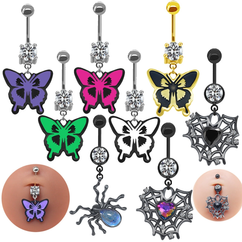 Japanese Punk Spider Butterfly Rhinestone Belly Ring in Stainless Steel and Copper