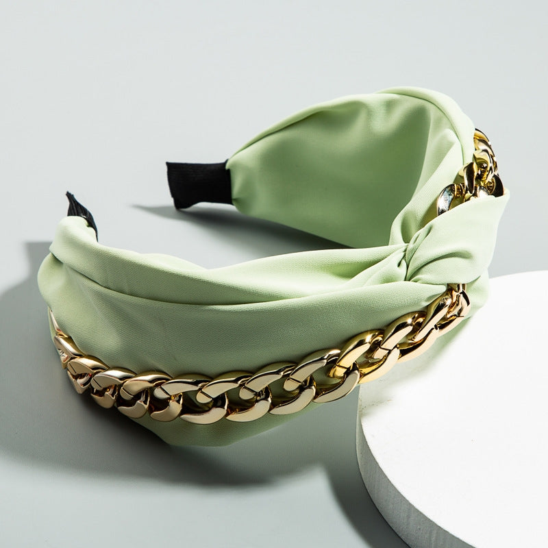 Korean Creative Fabric Headband with Gold Chain Decoration - Wide-brimmed Knotted Design