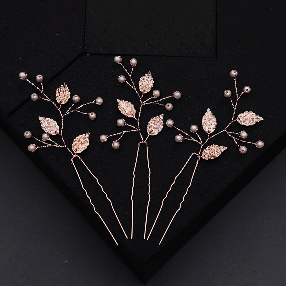 Korean Simple Bridal Alloy Leaf Pearl Handmade Hairpin