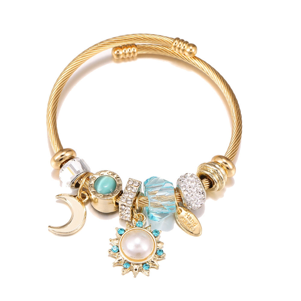Golden Sunflower Moon Pendant Zircon Women's Bangle Bracelet