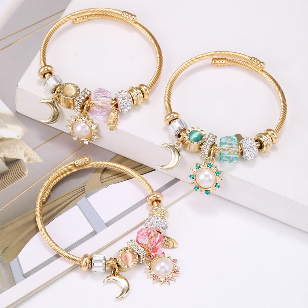 Golden Sunflower Moon Pendant Zircon Women's Bangle Bracelet