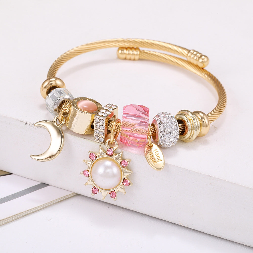 Golden Sunflower Moon Pendant Zircon Women's Bangle Bracelet