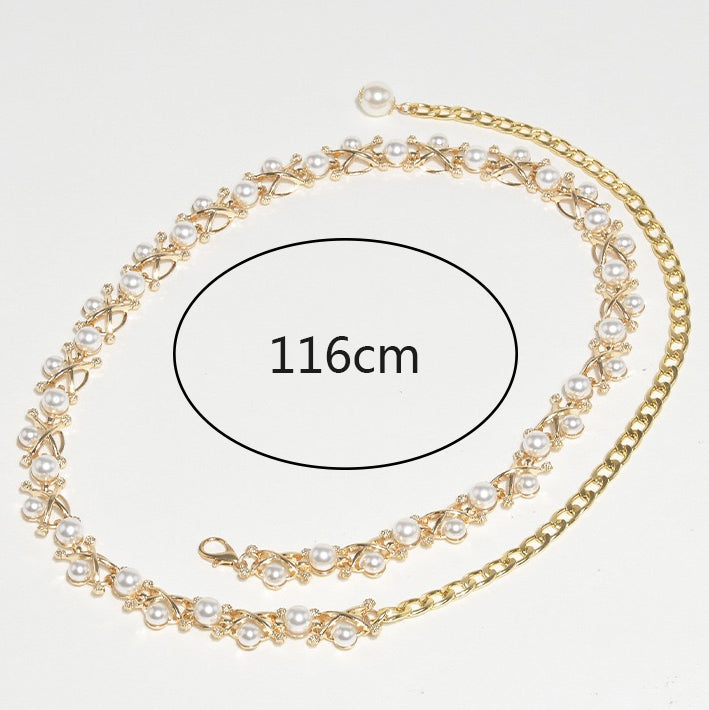 Women's Solid Color Alloy Chain Belt with Pearl Embellishments