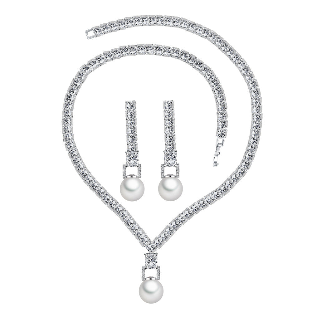 Luxurious Bridal Jewelry Set with Artificial Gemstones and Pearls - White Gold and Rhodium Plated Necklace and Earrings