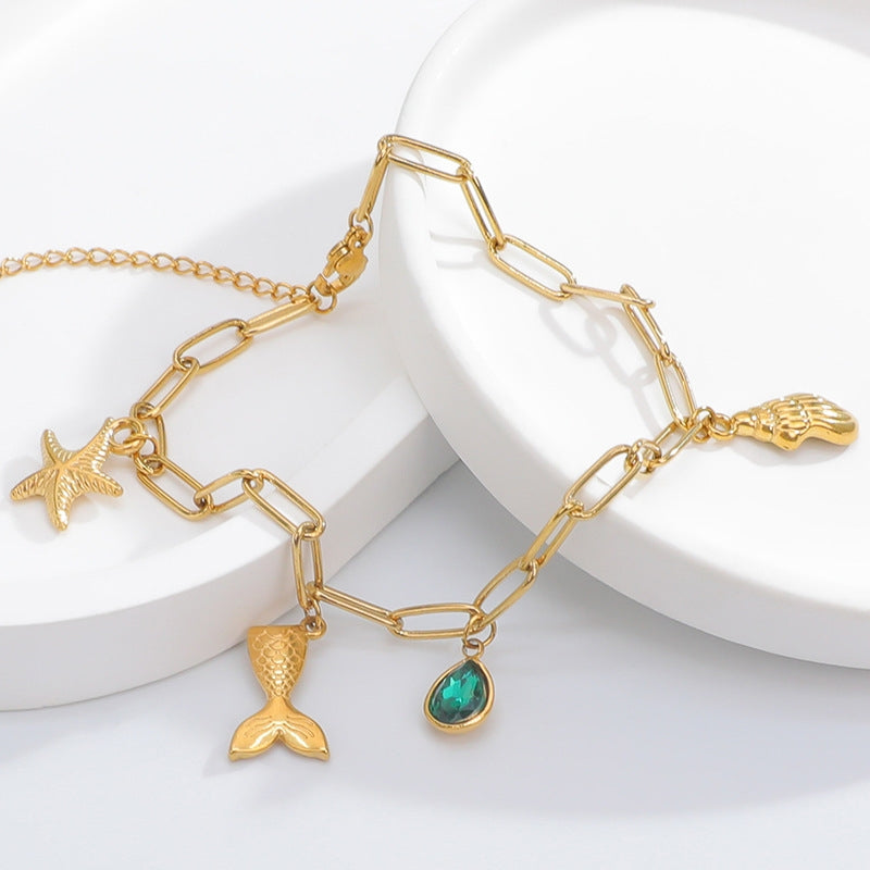 18K Gold Plated Stainless Steel Starfish & Fish Tail Zircon Bracelet - Women's Summer Style