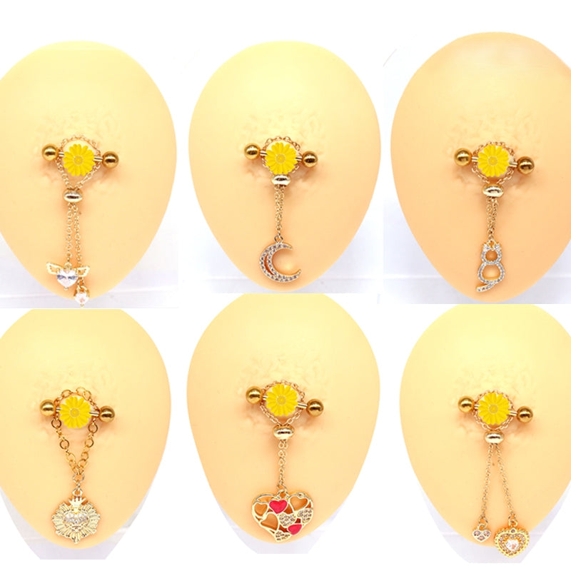 Modern Heart Shape Rhinestone Pendant Nipple Ring in Stainless Steel and Copper