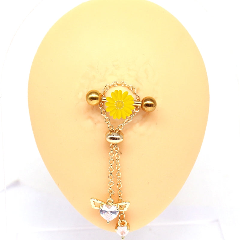 Modern Heart Shape Rhinestone Pendant Nipple Ring in Stainless Steel and Copper