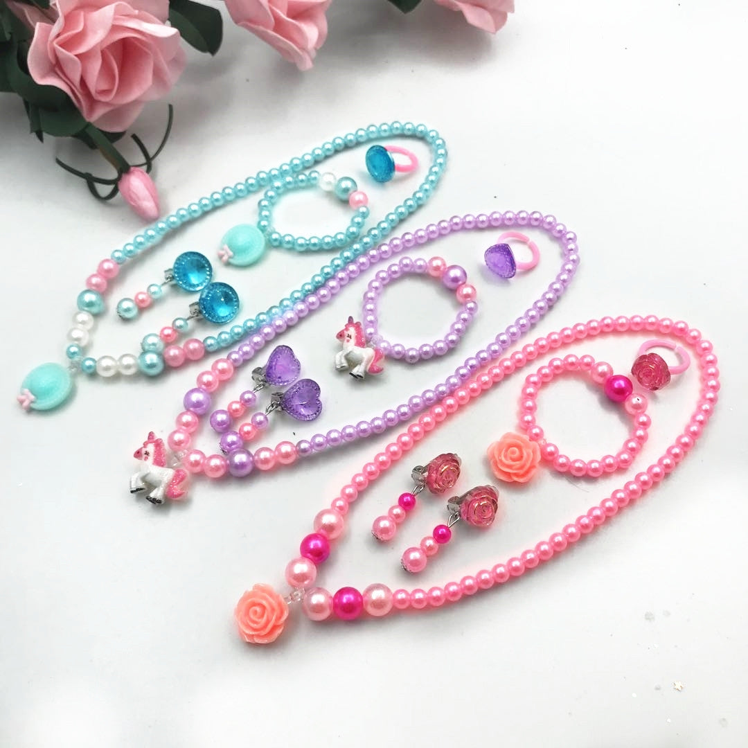 Children's Jewelry Set - Necklace, Bracelet, Ring, Earrings, and Ear Clips for Girls Birthday Gift