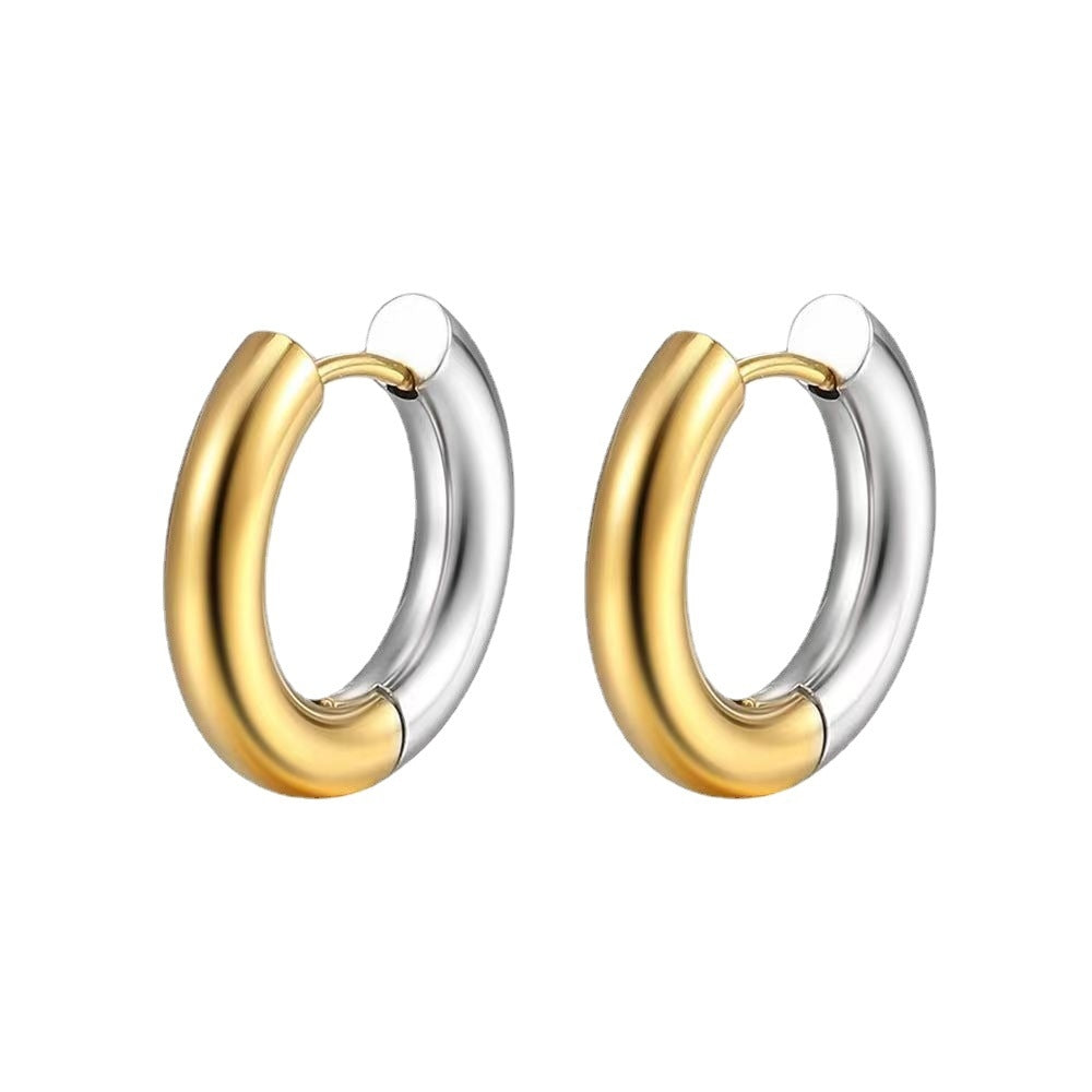 Two-Tone Glossy Coil Stainless Steel Earrings - Vintage French Style Titanium Hoops